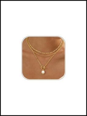 14k Gold Plated Pearl Pendant Necklace Set 3pc Layered